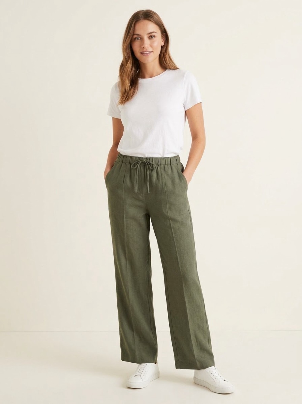 GAP Olive Green Linen Blend Drawstring Wide Leg Pants XL Casual Coastal Utility